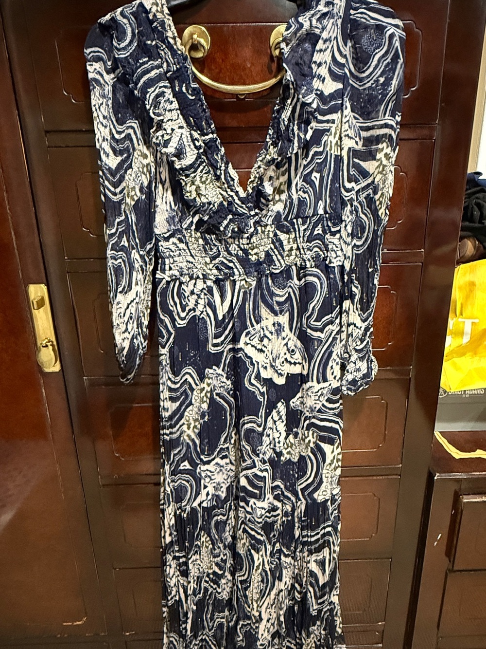 Anthropologie Navy and White Printed V‑Neck Maxi Dress